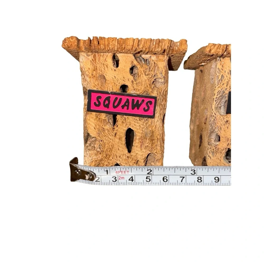 Vintage Outhouse Squaws & Bucks (F/M) Cholla Cactus Wood Salt Pepper Shakers MCM